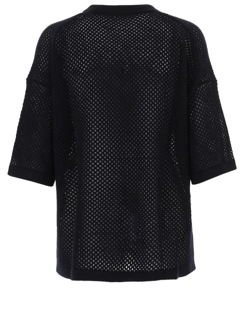 Allude Navy Geometric Openwork Wool-Blend Cardigan