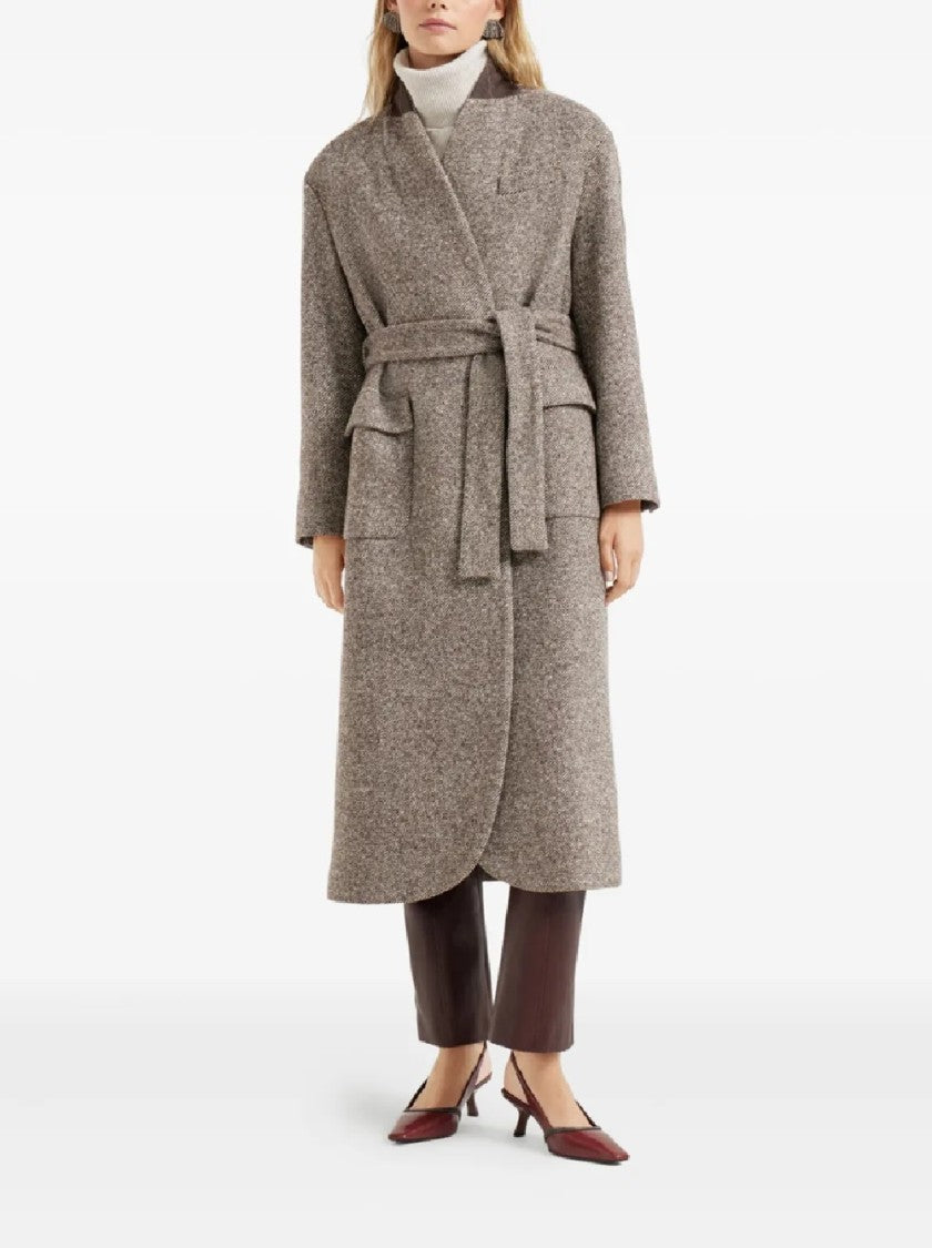 Brunello Cucinelli Mid-Length Tailored Coat With Belted Waist And Flap Pockets