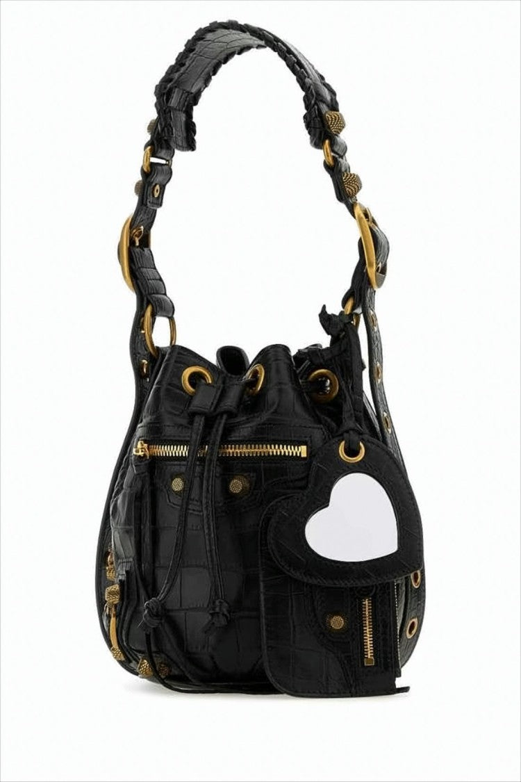 Balenciaga Textured Black Shoulder Bag With Gold-Tone Hardware And Drawstring Closure