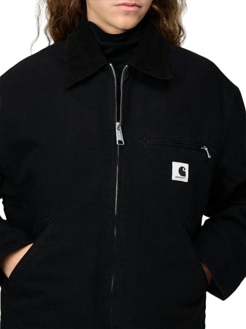 Carhartt Wip Boxy Cropped Black Jacket With Classic Collar And Logo Patch