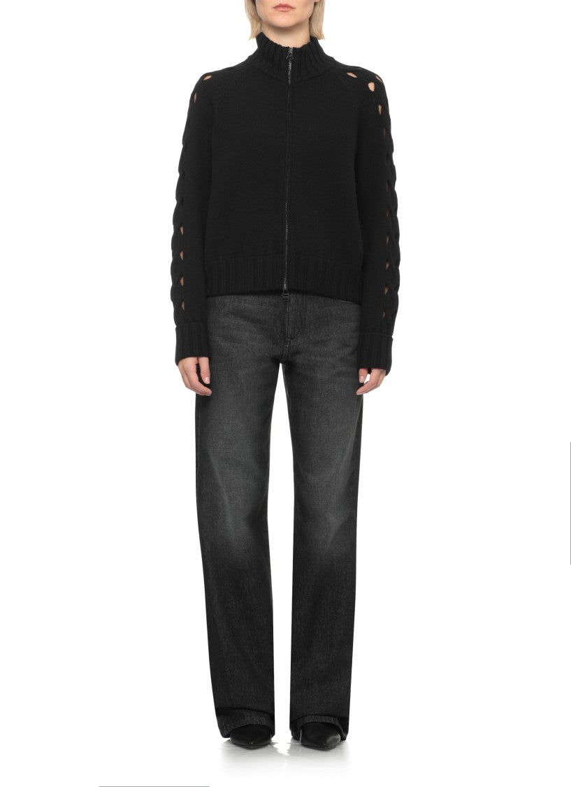 D. Exterior Black High Neck Cut-Out Wool-Cashmere Cardigan