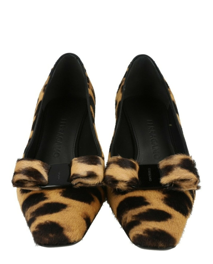Ferragamo Leopard Print Kitten Heels With Vara Bow Accent