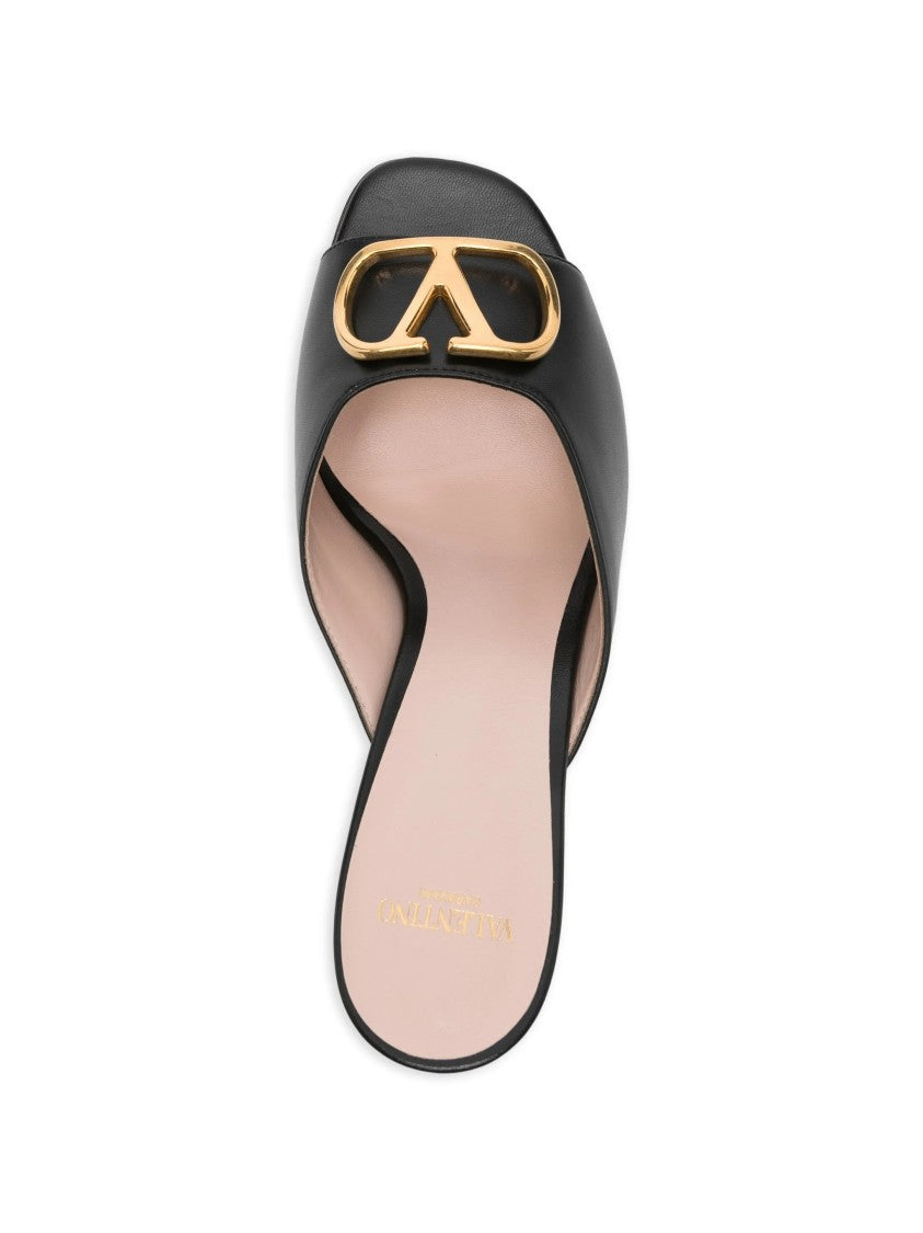 Valentino Black Slide Gold-Tone Logo Emblem Sandals
