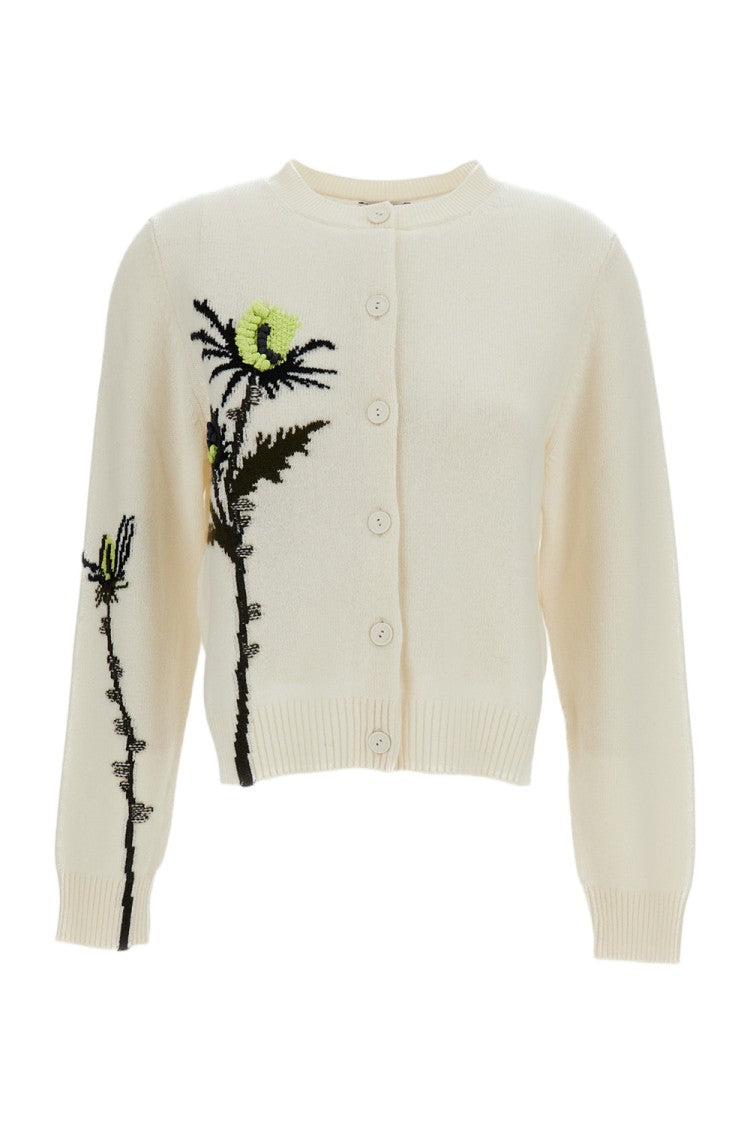 Barrie White/Multicolor Thistle Motif Cashmere Cardigan