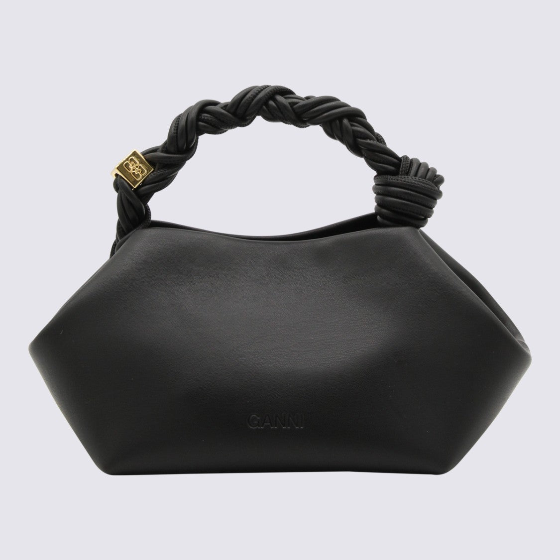 Ganni Geometric Black Bag With Twisted Handle And Gold Accents