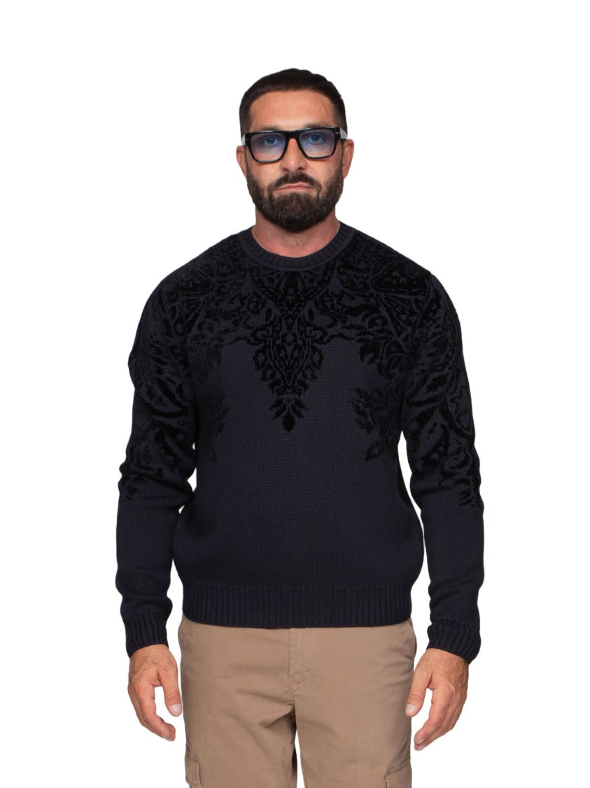Etro Textured Black Knit Sweater With Velvet Detailing