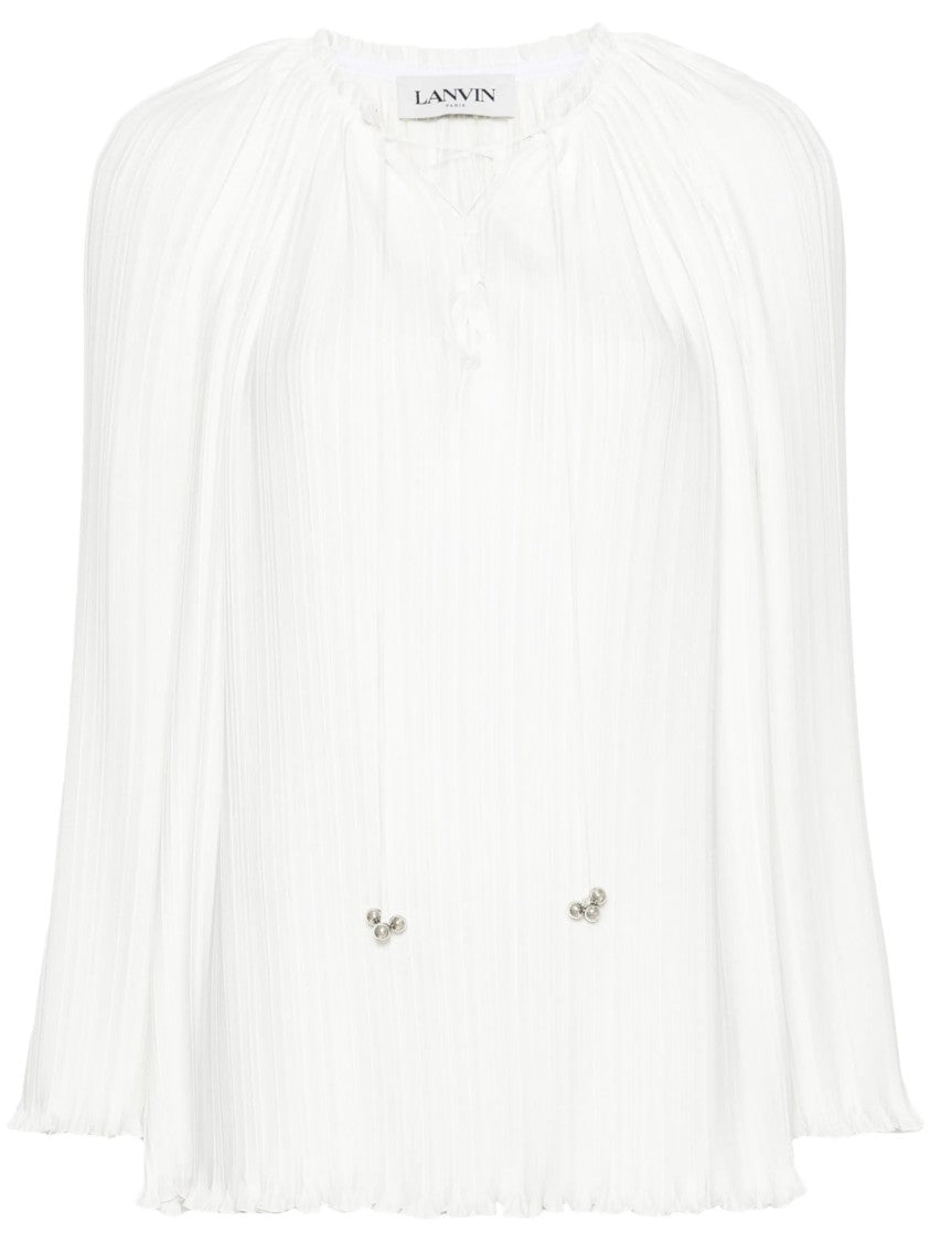 Lanvin White Open Neck Pleated Polyester Blouse