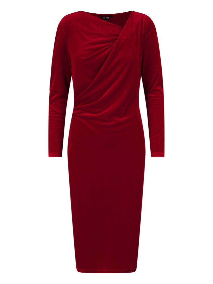 Polo Ralph Lauren Red Ruched Long-Sleeve Velvet Midi Dress