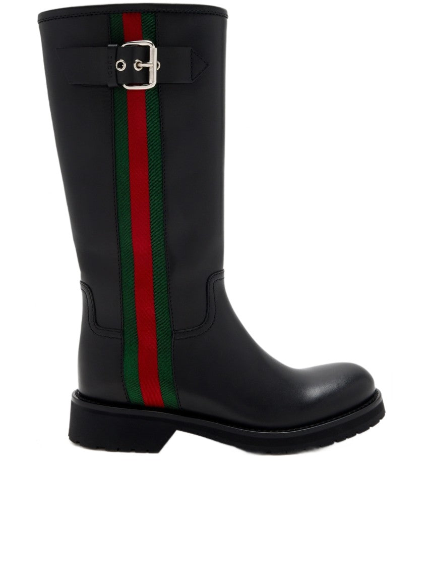 Gucci Kate Buckled Striped Leather Mid-Calf Boots