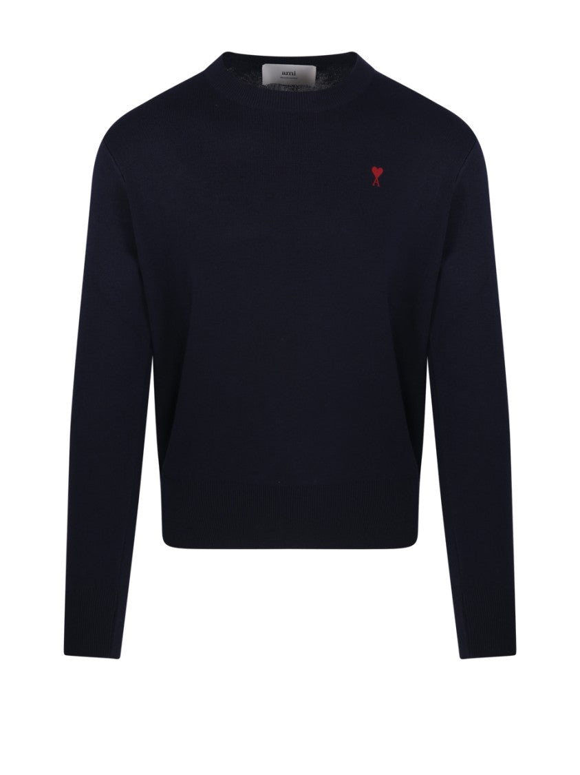 Ami Merino Wool Round Neck Sweater With Heart Detail