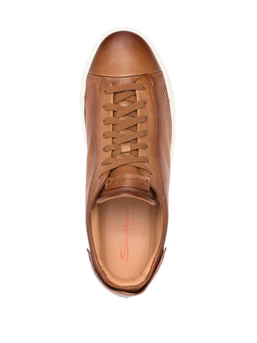 Santoni Brown Leather Casual Trainers With Perforated Detailing