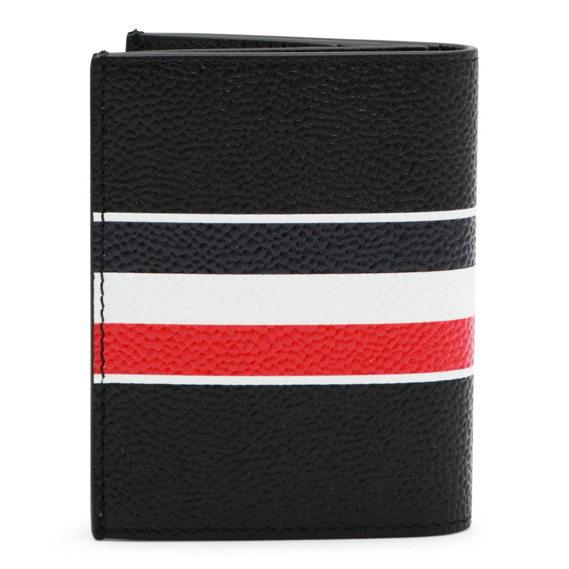 Thom Browne Compact Grain Leather Card Holder With Tricolor Stripe Band