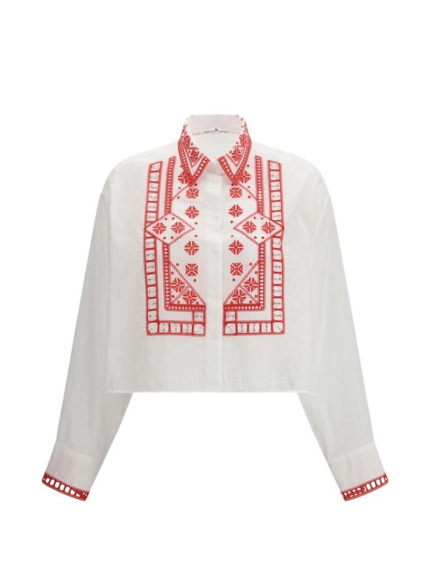 Ermanno Scervino Cropped Shirt With Classic Collar And Intricate Red Embroidery