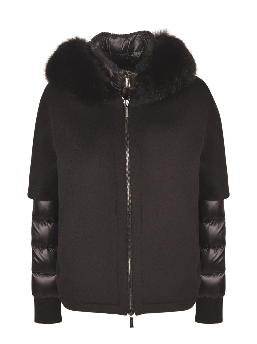 Moorer Short Cape Jacket With Detachable Quilted Inner And Fur Trim