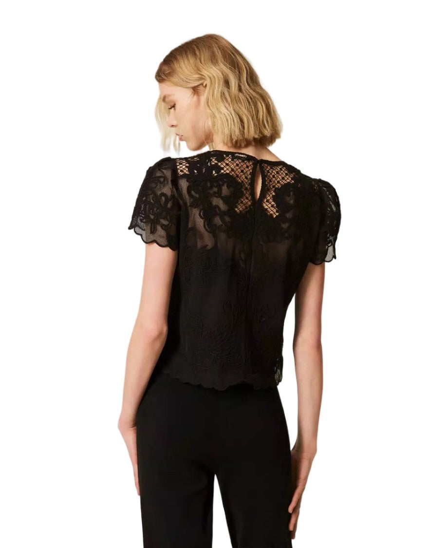 Twin-Set Cotton-Blend Dori Embroidered Scalloped Hem Blouse