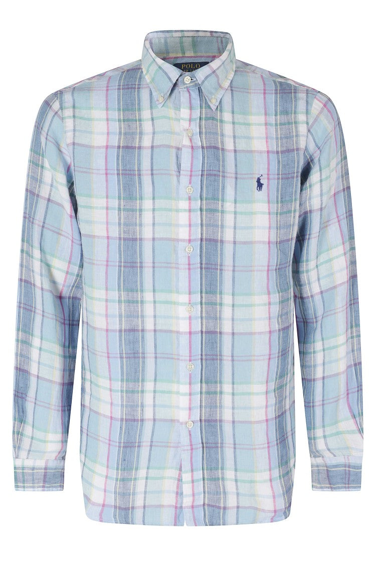 Polo Ralph Lauren Green Blue Plaid Button-Down Linen Slim Shirt