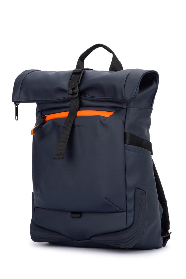 Piquadro Roll-Top Black Backpack With Accent Zipper