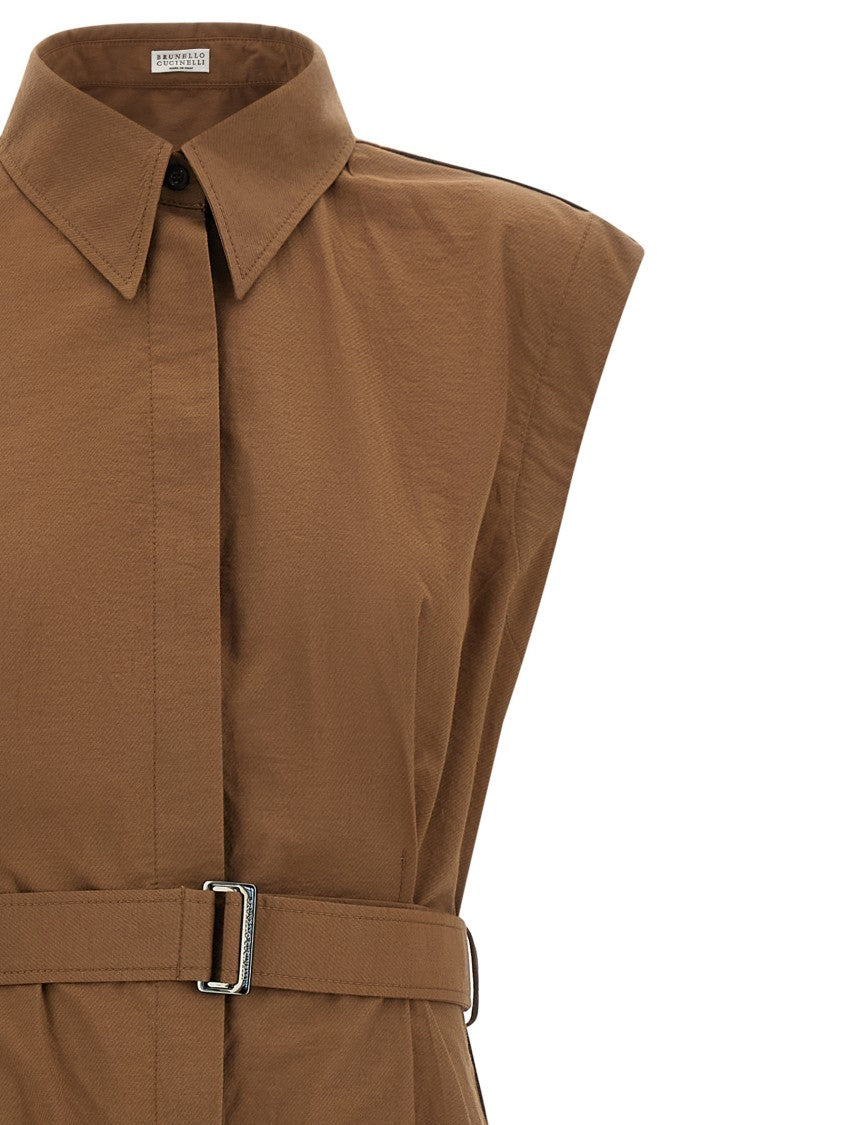 Brunello Cucinelli Techno Cotton Midi Dress With Chemisier Style And Hourglass Silhouette