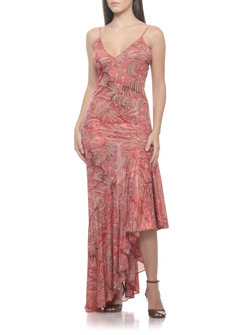 Etro V-Neck Paisley Midi Dress With Asymmetric Flared Hem