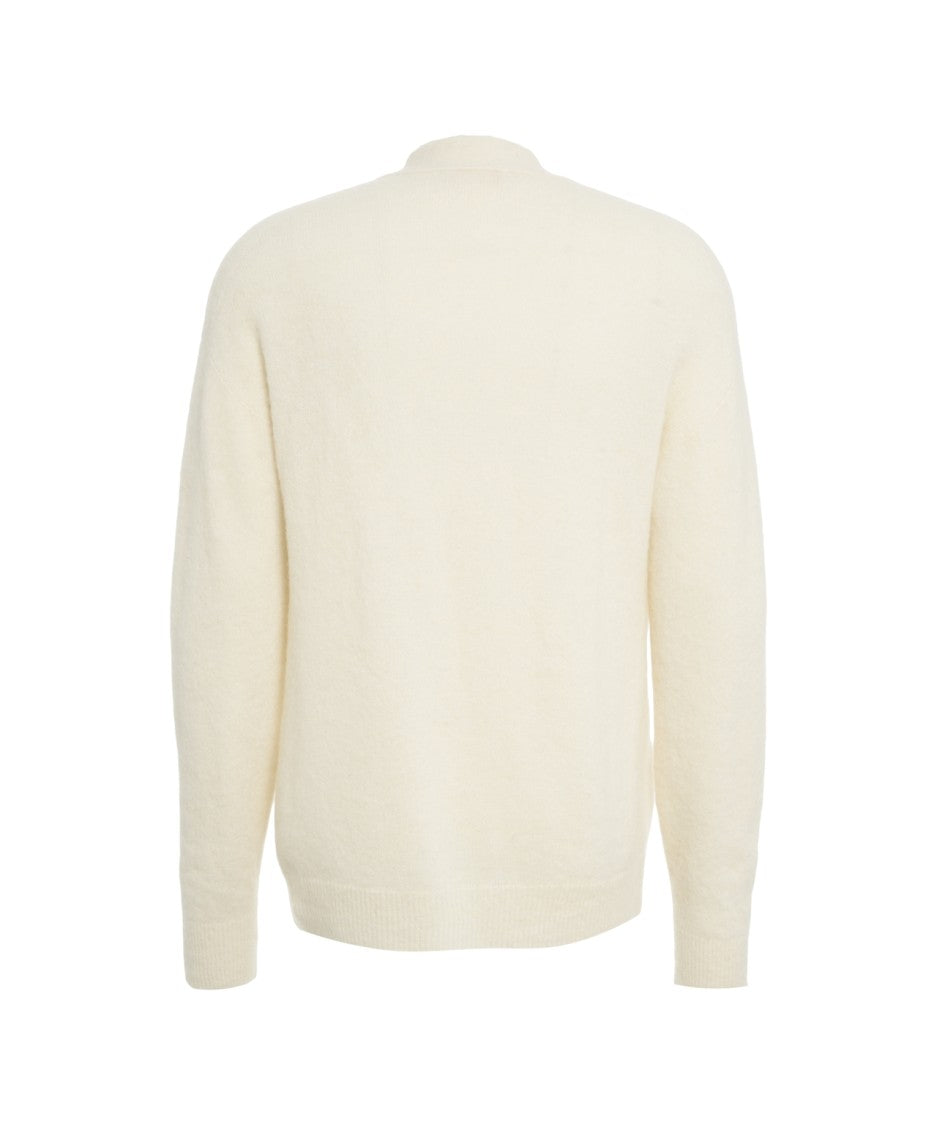 Atomo Factory White Virgin Wool Cardigan With Classic V-Neck And Button Closure