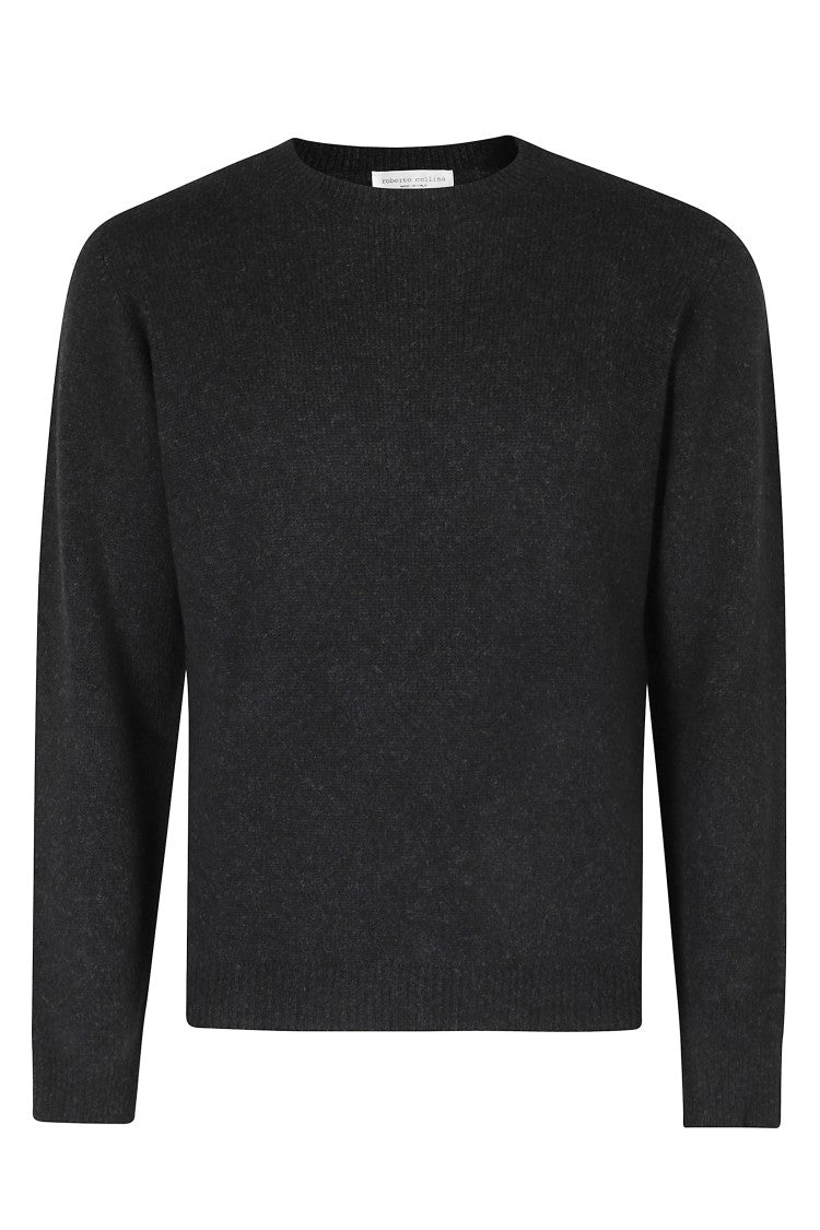 Roberto Collina Black Crew Neck Ribbed Merino-Camel Blend Sweater