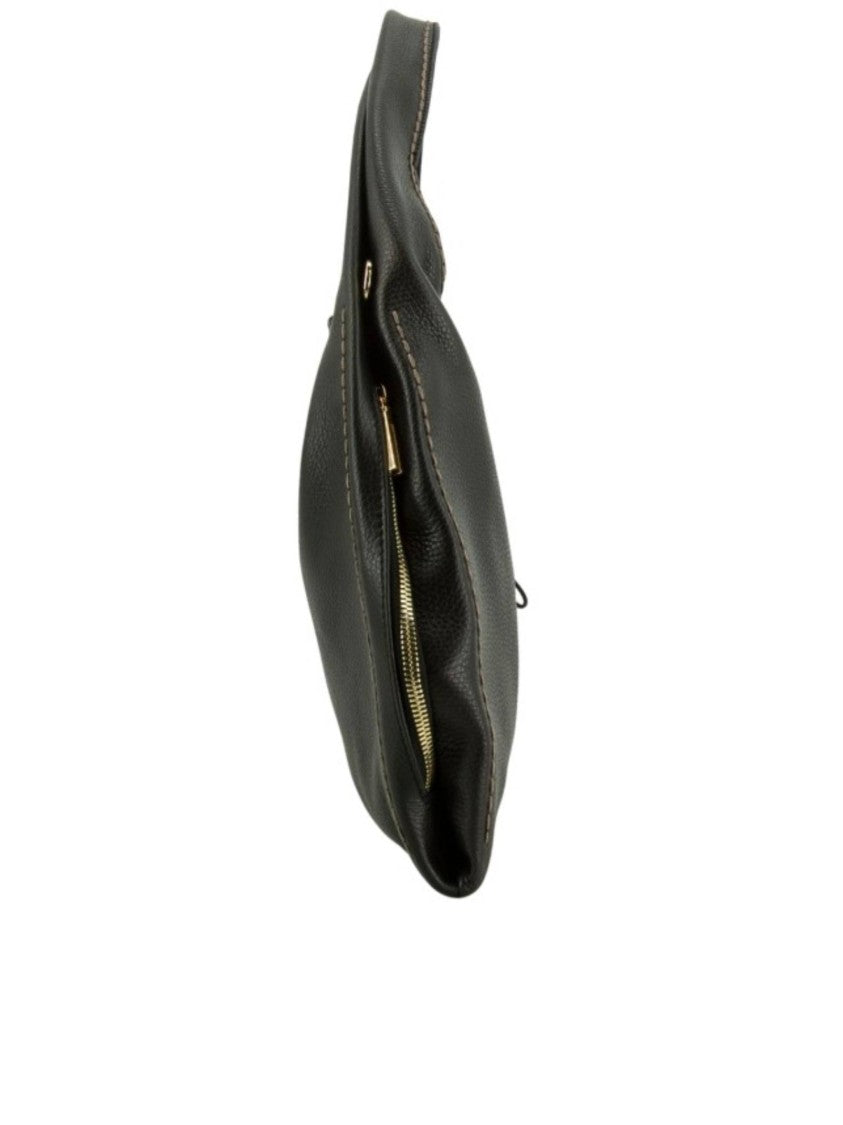 Visona` Black California Leather Oval Wooden Bag