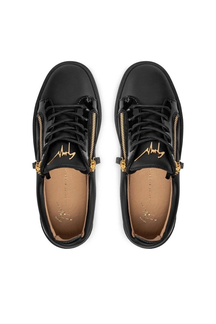 Giuseppe Zanotti Lace-Up Black Leather Sneakers Gold-Zipped Sides