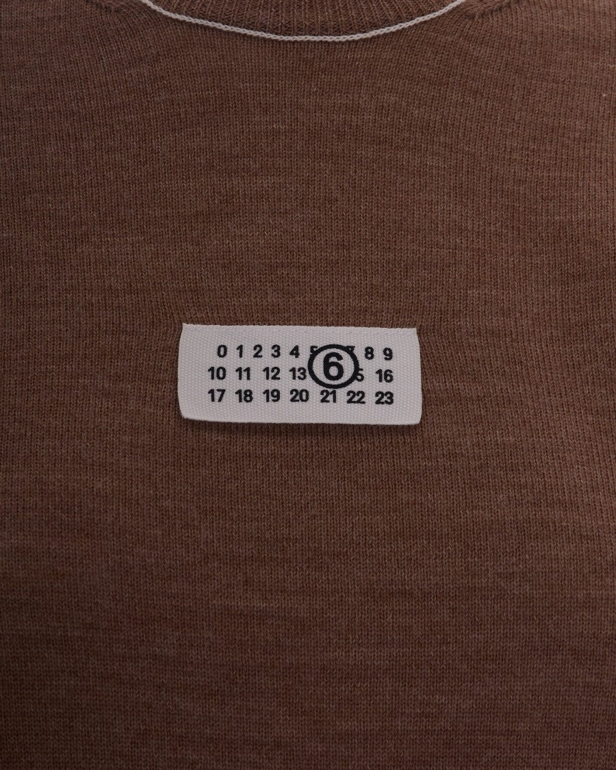 Mm6 By Maison Margiela Fitted Light Brown Knit Top With Contrasting Stitch Details