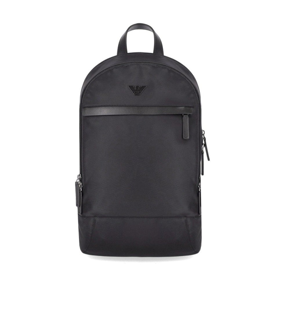 Emporio Armani Rounded Black Nylon Backpack With Leather Accents
