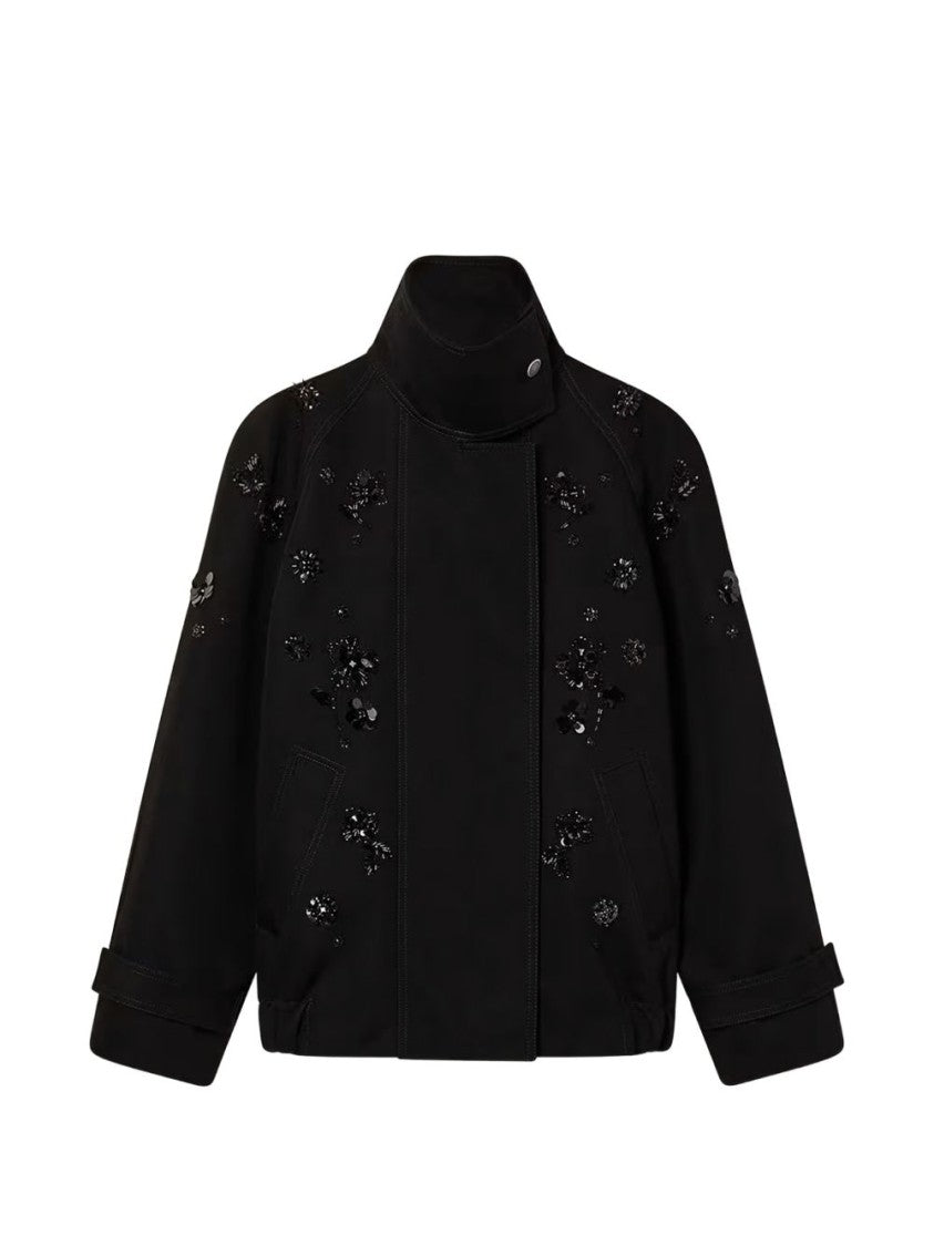 Golden Goose Short Black Jacket With Floral Embellishments