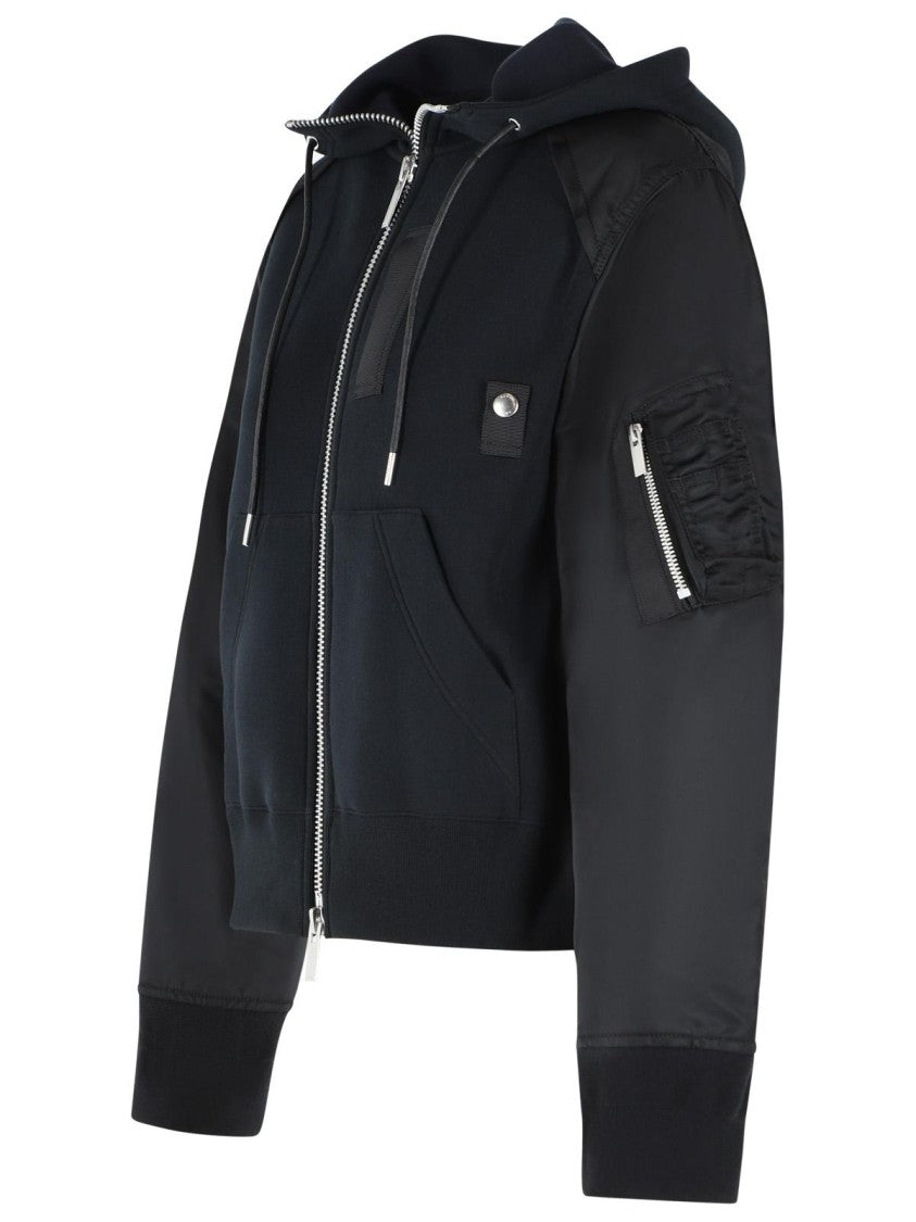Sacai Black Drawstring Hooded Cotton-Blend Zip Sweatshirt