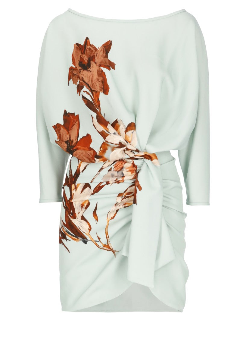 Costarellos Aqua Green Crepe Dress With Floral Print And Draping Detail