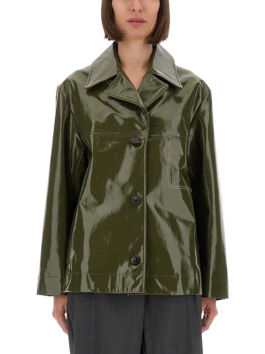 Ps Paul Smith Glossy-Finish Green Leather Jacket With Classic Collar
