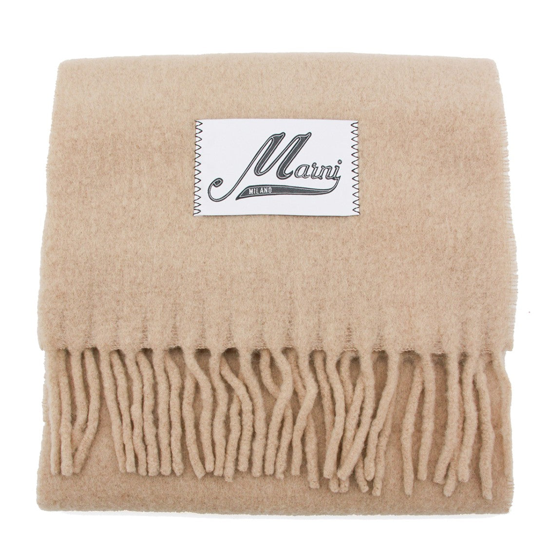 Marni Rectangular Beige Wool Scarf With Fringed Edges