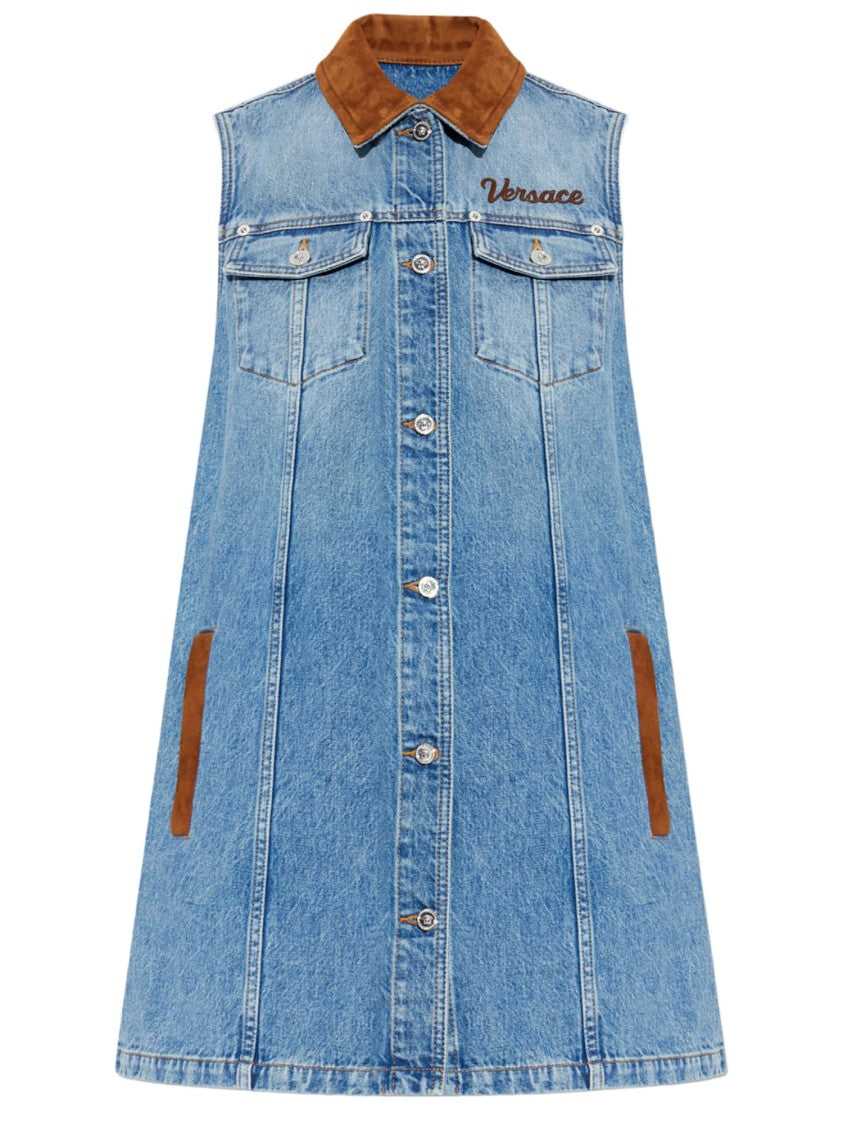 Versace Light Denim/Marrone Cotton Denim Sleeveless Dress