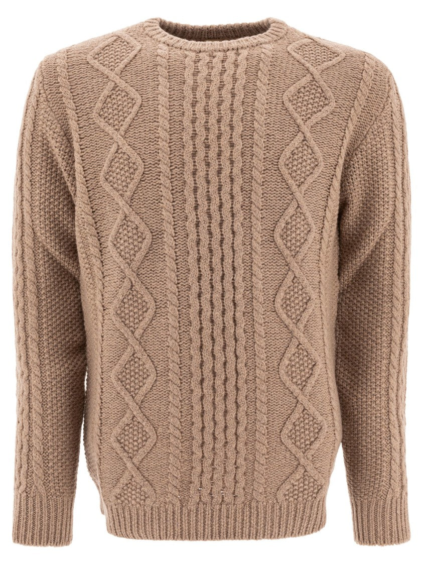 Rakki' Brown Cable Knit Crew Neck Sweater In Merino Wool