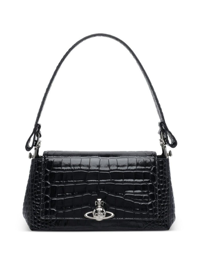 Vivienne Westwood Glossy Black Crocodile-Embossed Handbag With Silver Emblem