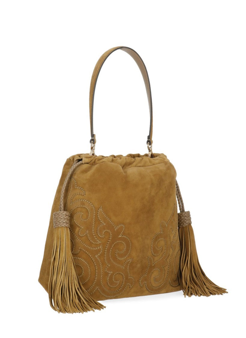 Etro Beige Kalispero Embroidered Fringe Suede Bag