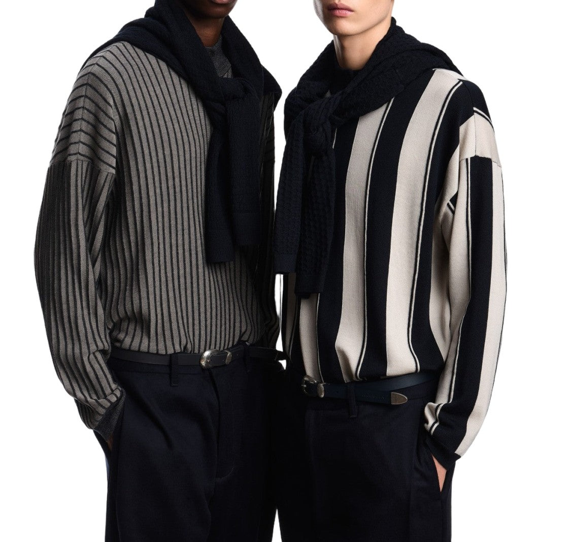 Emporio Armani Intarsia Striped Knit Pullover With Snap-Button Detail