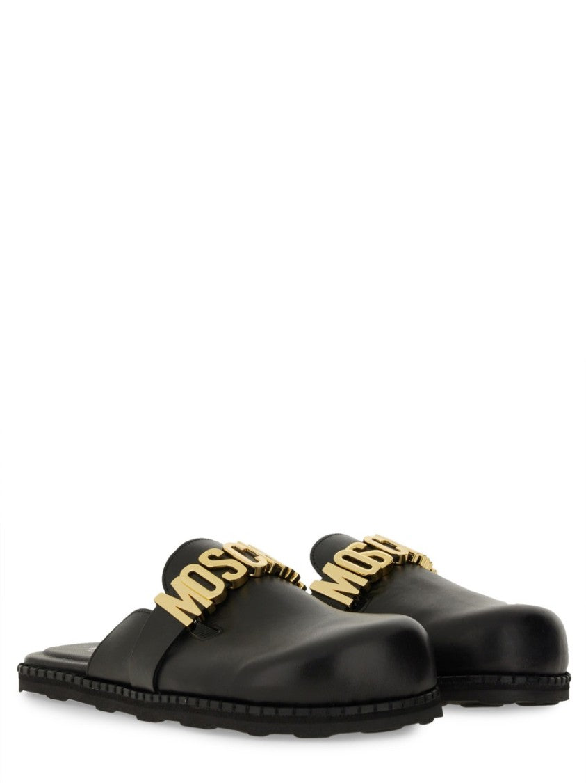 Moschino Black Leather Sandal With Logo Detail
