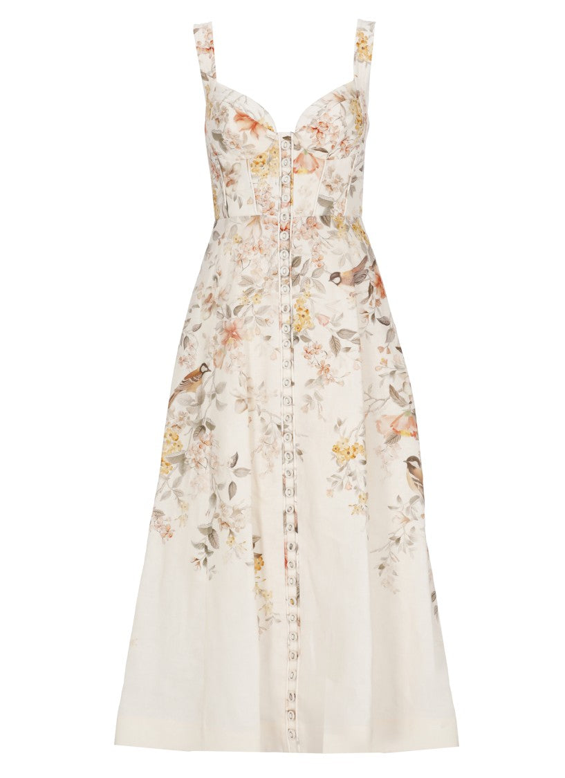 Zimmermann Ivory Floral Accent Linen Midi Dress