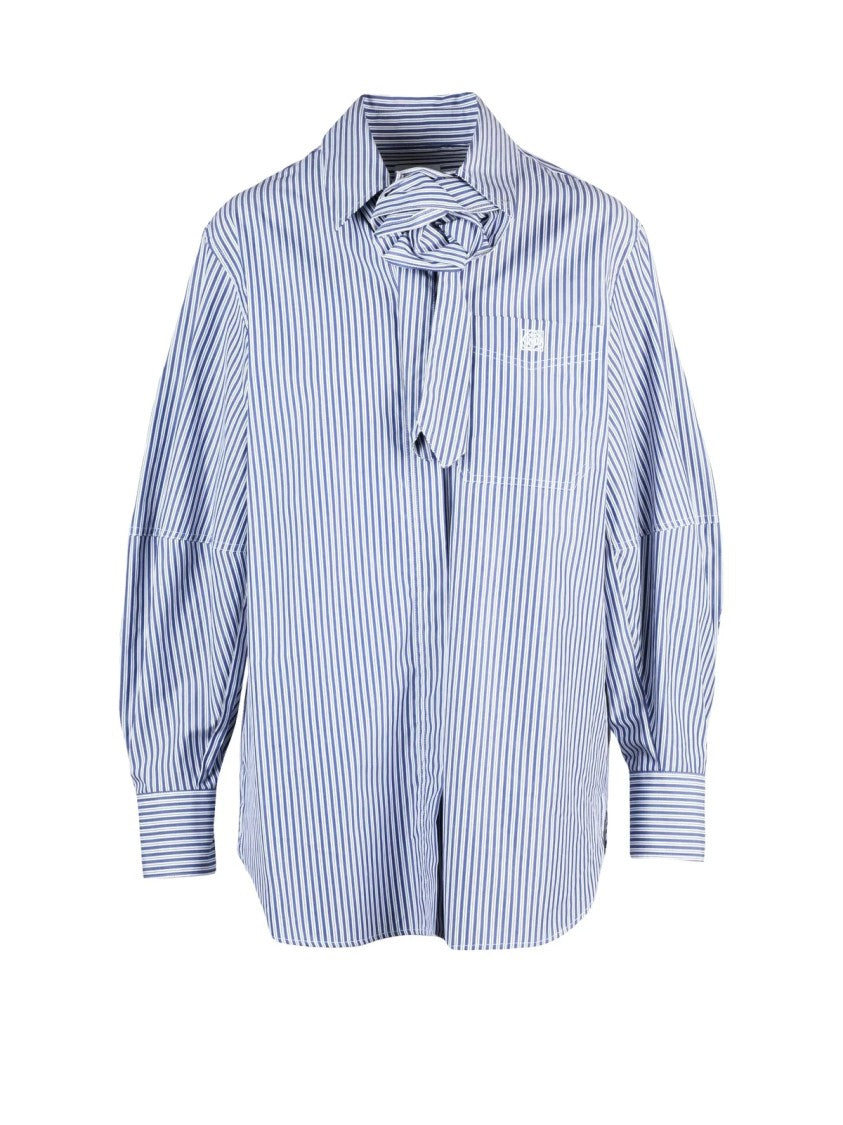 Marella Sport Blue And White Striped Cotton Sport Shirt With Tie Neck Detail