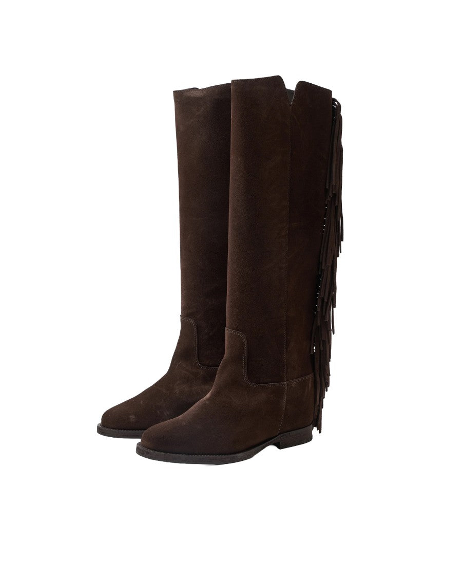 Via Roma 15 Testa Di Moro Fringed Internal Wedge Suede Boots