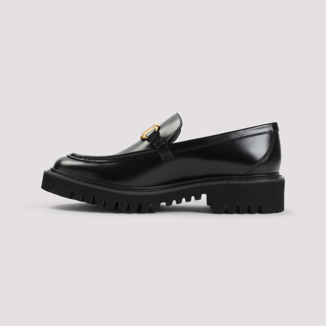 Valentino Black Leather Loafers With Decorative Gold Buckle