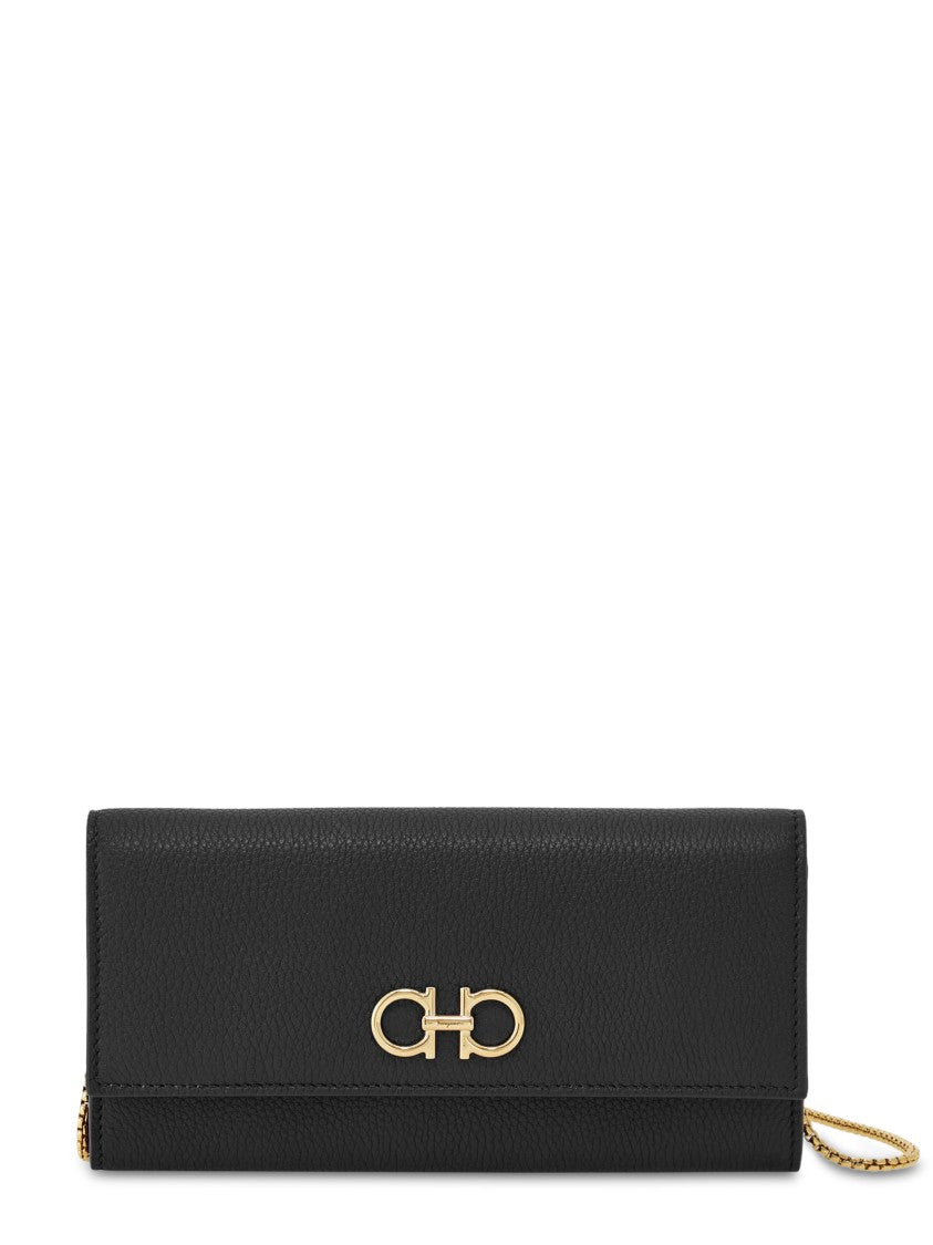 Ferragamo Textured Calf Leather Wallet On Chain With Gold Clasp