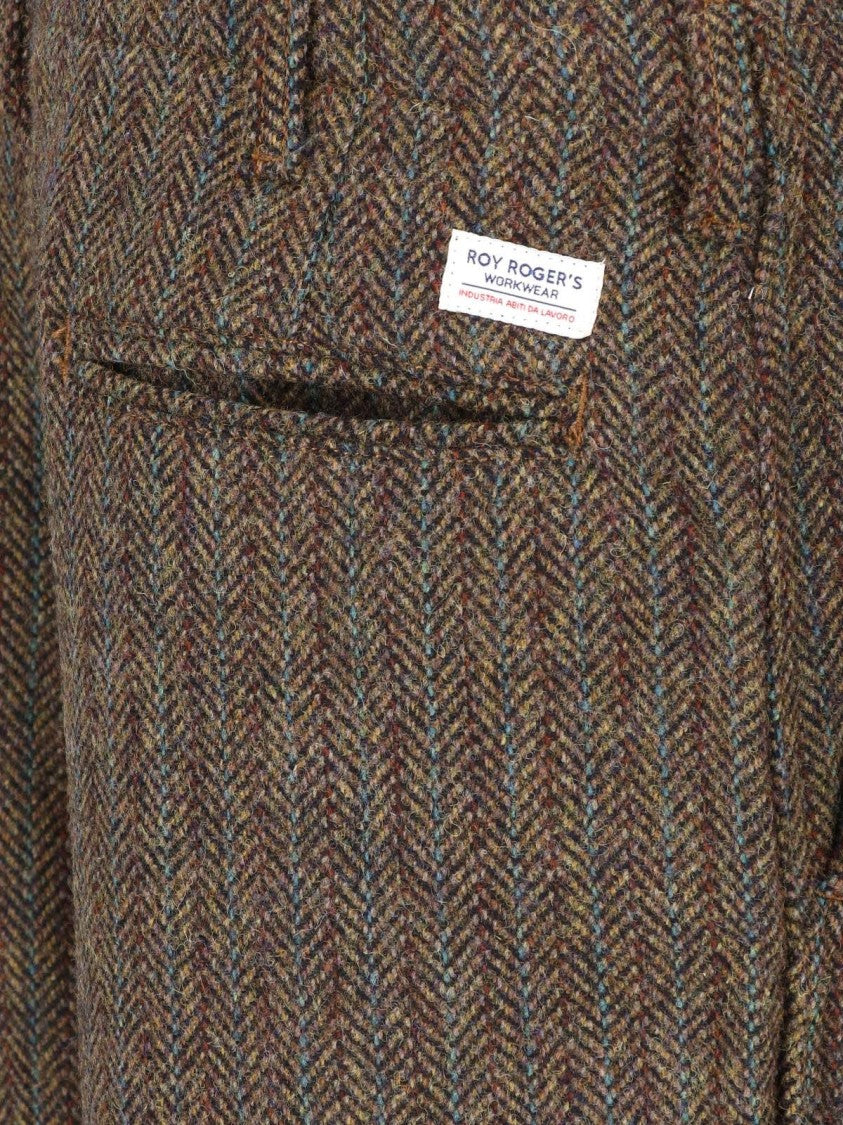 Roy Roger's Herringbone Patterned Brown Wool Blend Trousers