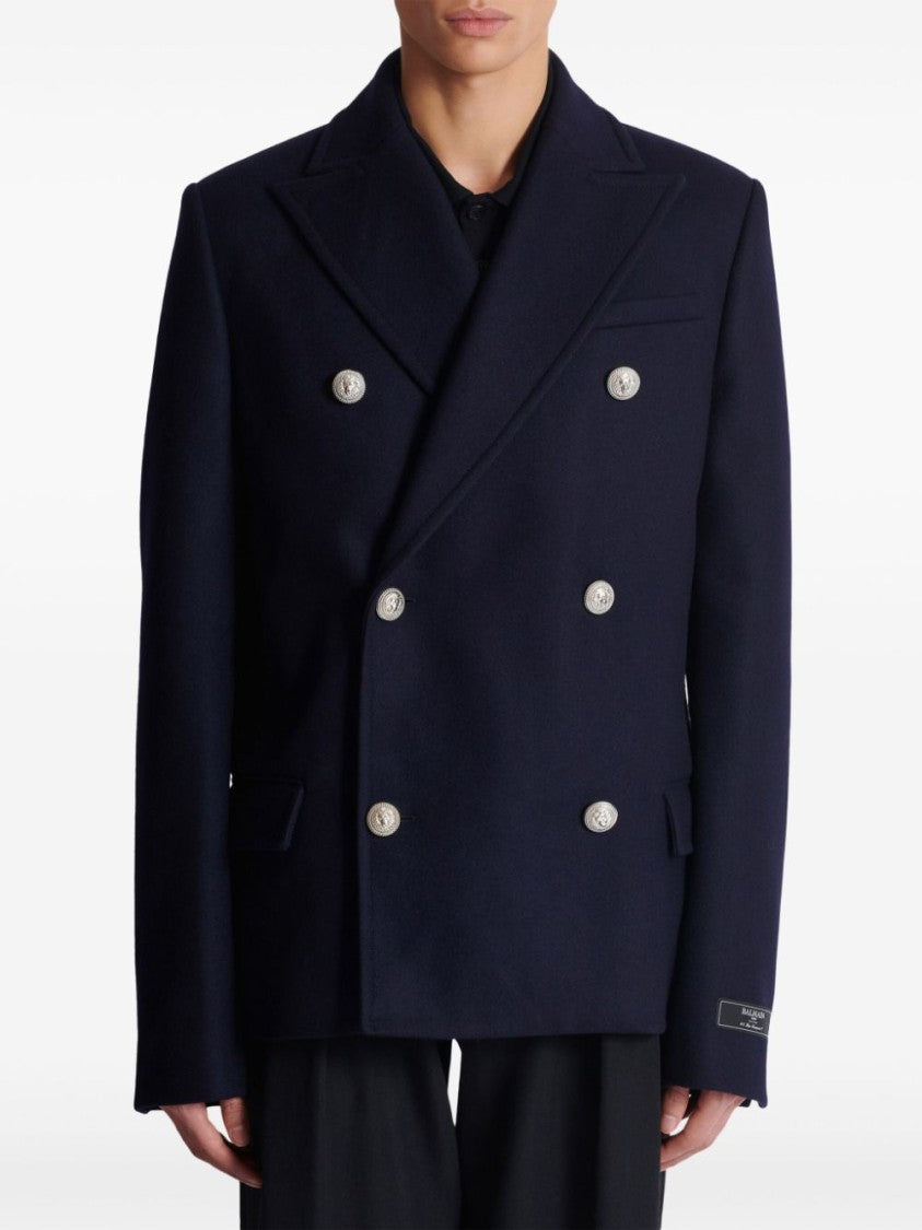 Balmain Navy Blue Virgin Wool Blend Double-Breasted Coat