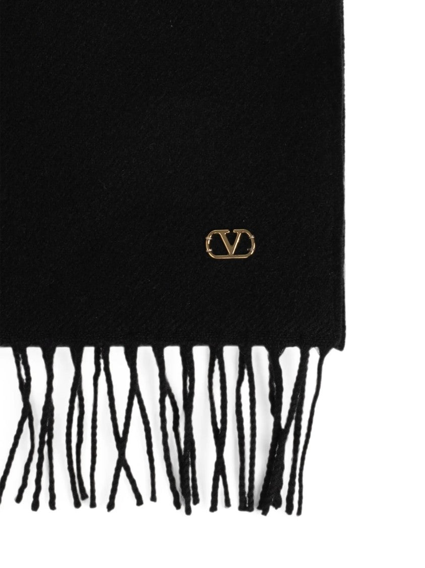 Valentino Fringed Black Cashmere Scarf With Gold-Tone Detail