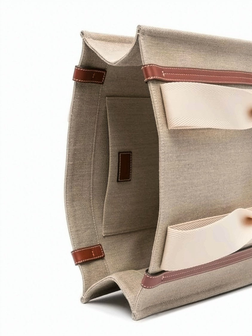 Chloé Structured Linen Tote Bag With Calf Leather Accents