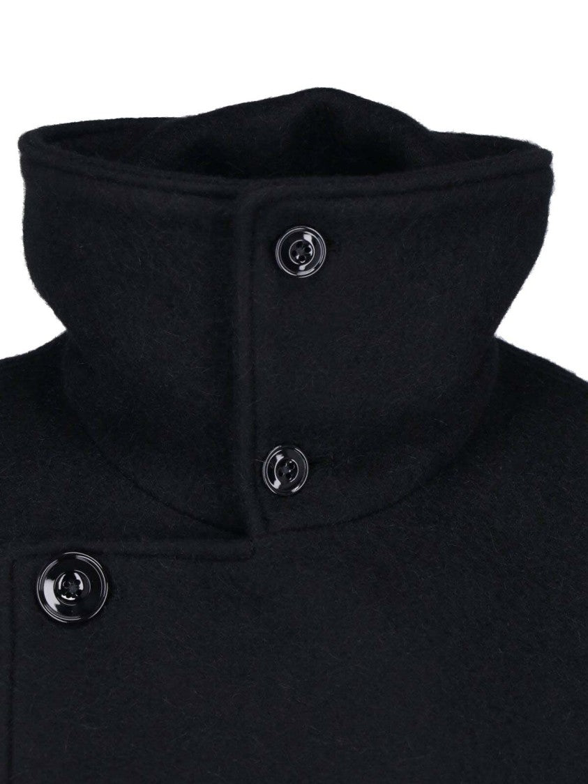 Lemaire Classic Collar Belted Black Wool Coat